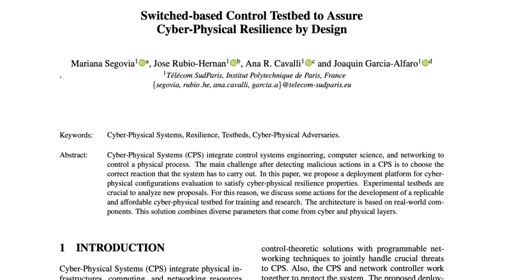 “Switched-based Control Testbed to Assure Cyber-Physical Resilience by Design“ publié à SecCrypt 2022